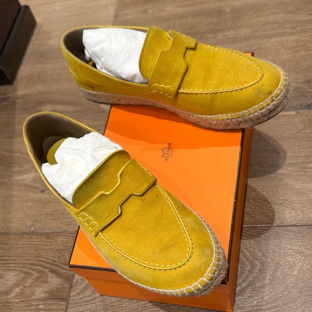 Hermes Authentic Yellow Suede Loafers